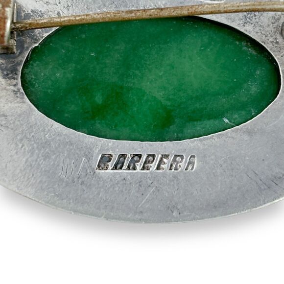 1940's Mexico Barrera Sterling Silver 925 Green Malachite Cabochon Pin Brooch - Picture 3 of 6